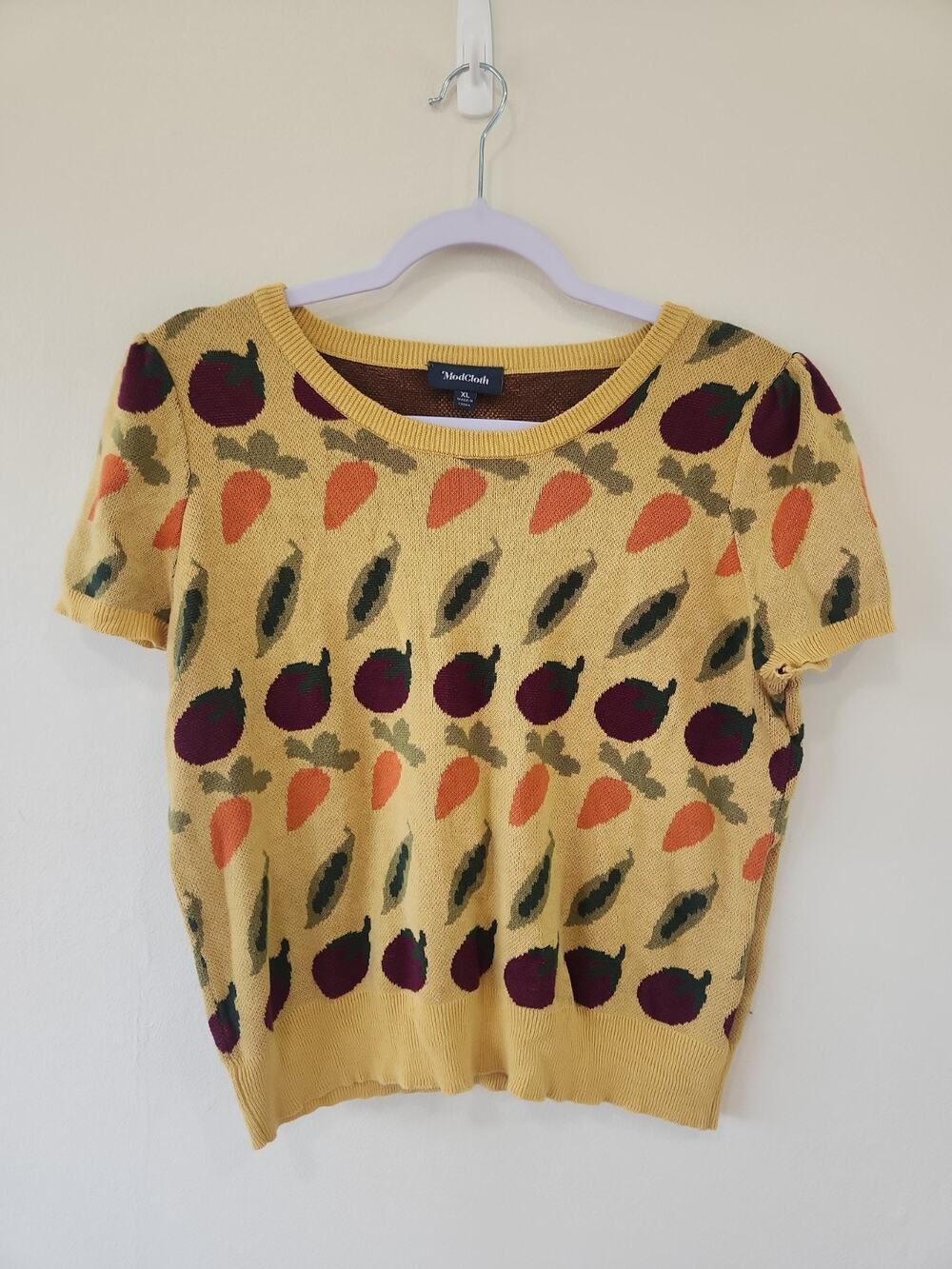 ModCloth Retro Sweater Blouse Vegetable Cropped Short Sleeve Grannycore XL